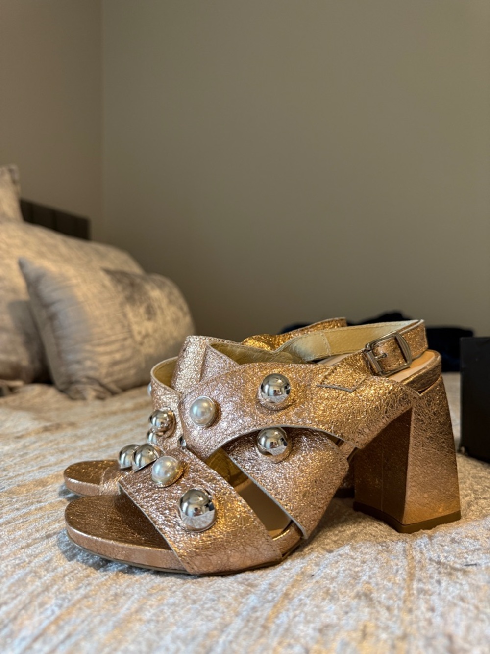 Anthropologie Metallic Gold Jeweled Open-Toe Heels
